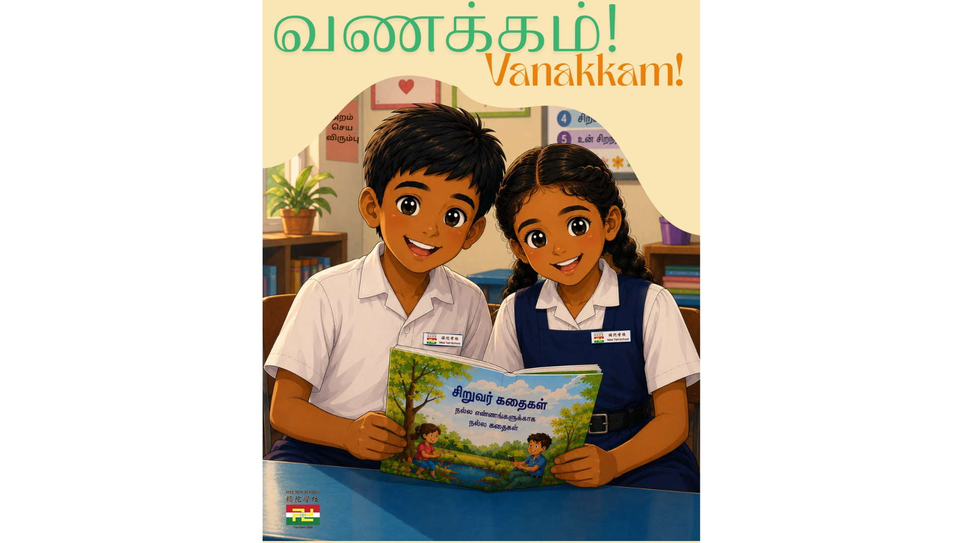 An illustration of a smiling schoolboy and schoolgirl in Mee Toh School uniform reading an open Tamil storybook together, below a heading that reads "Vanakkam!" in Tamil and English.